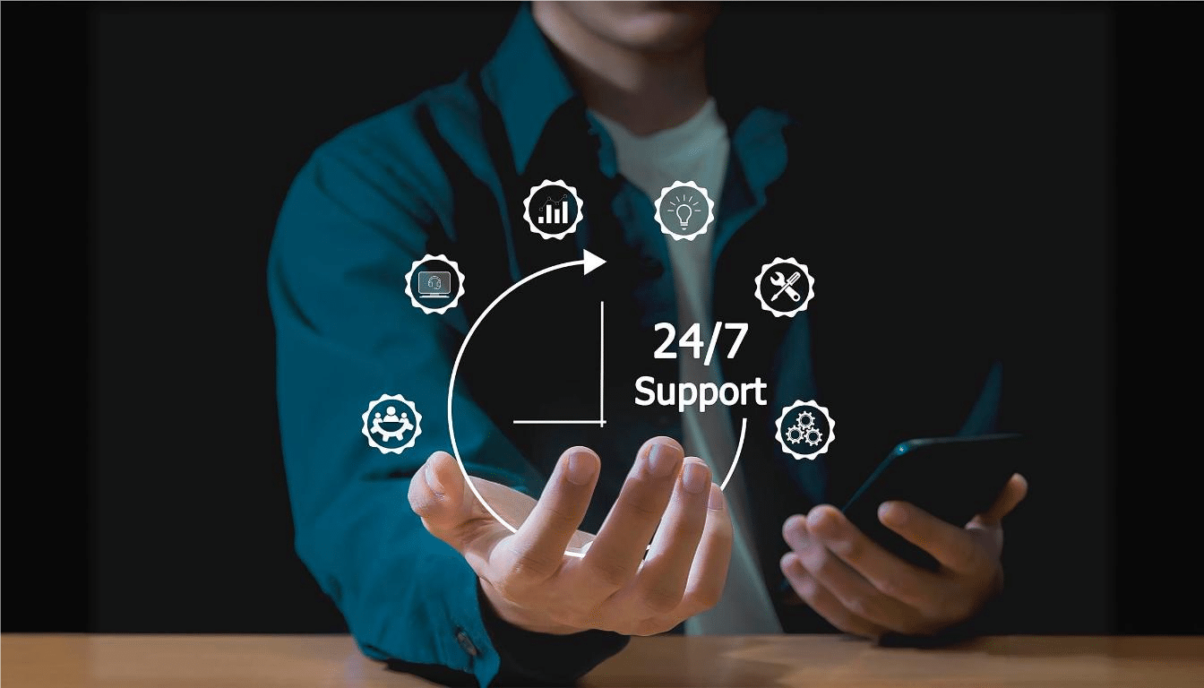Man holding graphic depicting 24/7 tech support benefits.