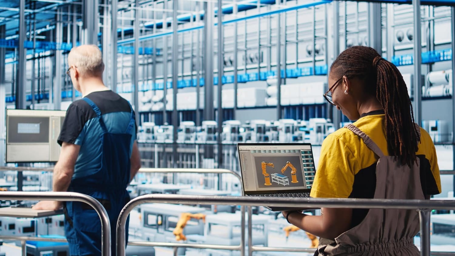 A female engineer in a yellow shirt and overalls uses a laptop with robotic arm graphics on the screen, while another worker stands at a nearby station. This depicts manufacturing IT solutions and managed IT services in an advanced factory setting with automation.