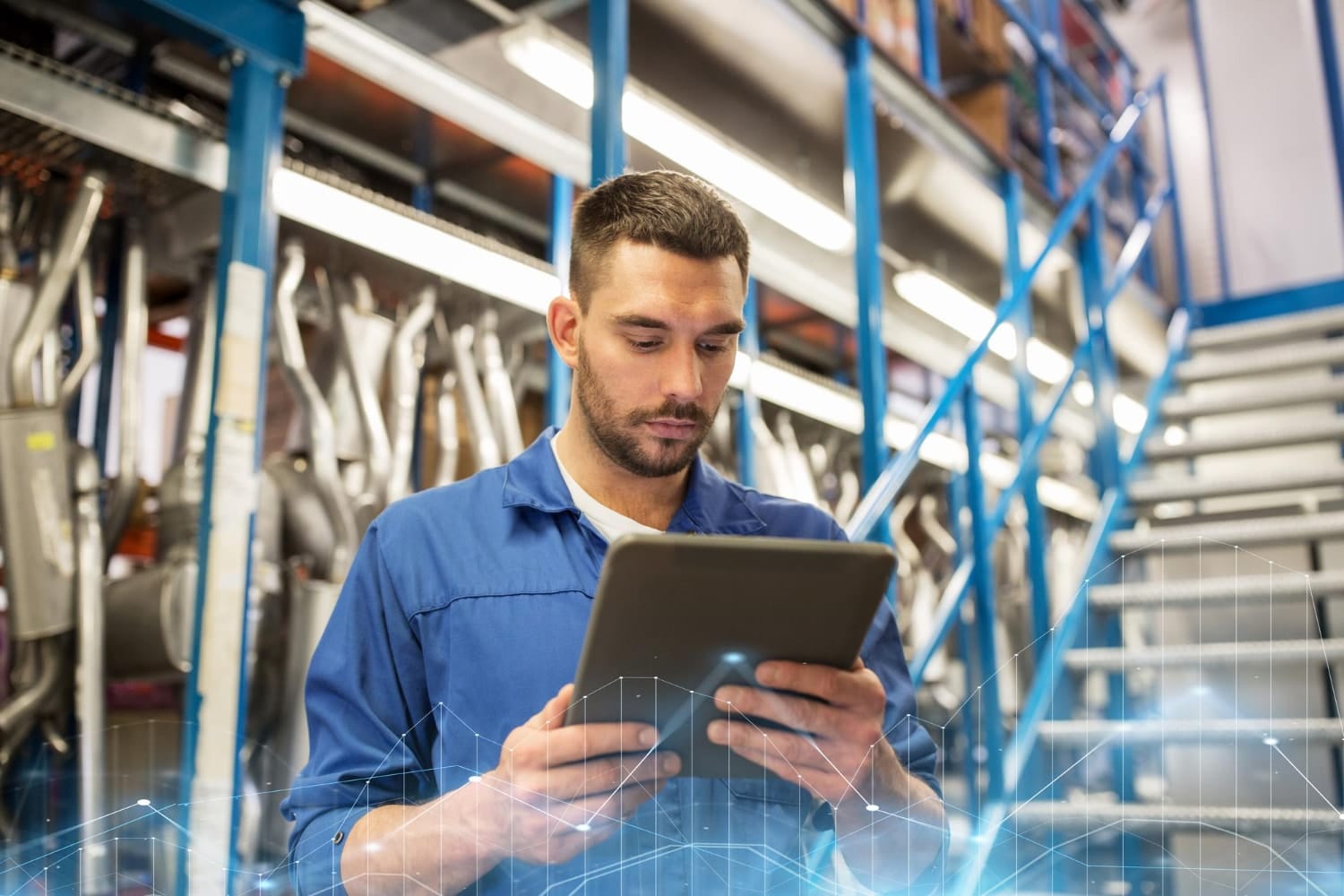 A male technician in blue coveralls uses a digital tablet in a warehouse with staircases and metal parts in the background. This scene highlights IT support services and IT solutions for manufacturing in parts management or quality control.