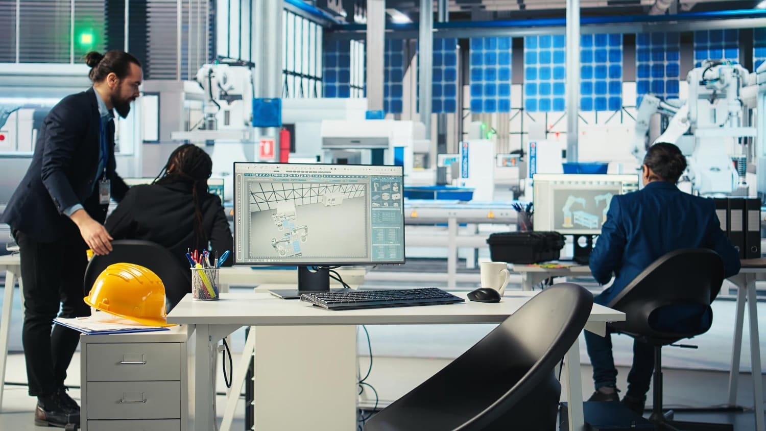 Three professionals in a high-tech industrial office work at computer stations showing robotic system models. A yellow hard hat sits on the desk, symbolizing cybersecurity for manufacturing and managed IT services within industrial IT infrastructure.