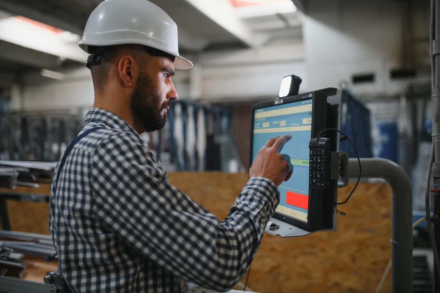 A factory worker in a checkered shirt and white hard hat uses a touch-screen monitor mounted on a metal pole to interact with operational software. This image represents IT support services and cybersecurity for manufacturing through secure digital control systems.