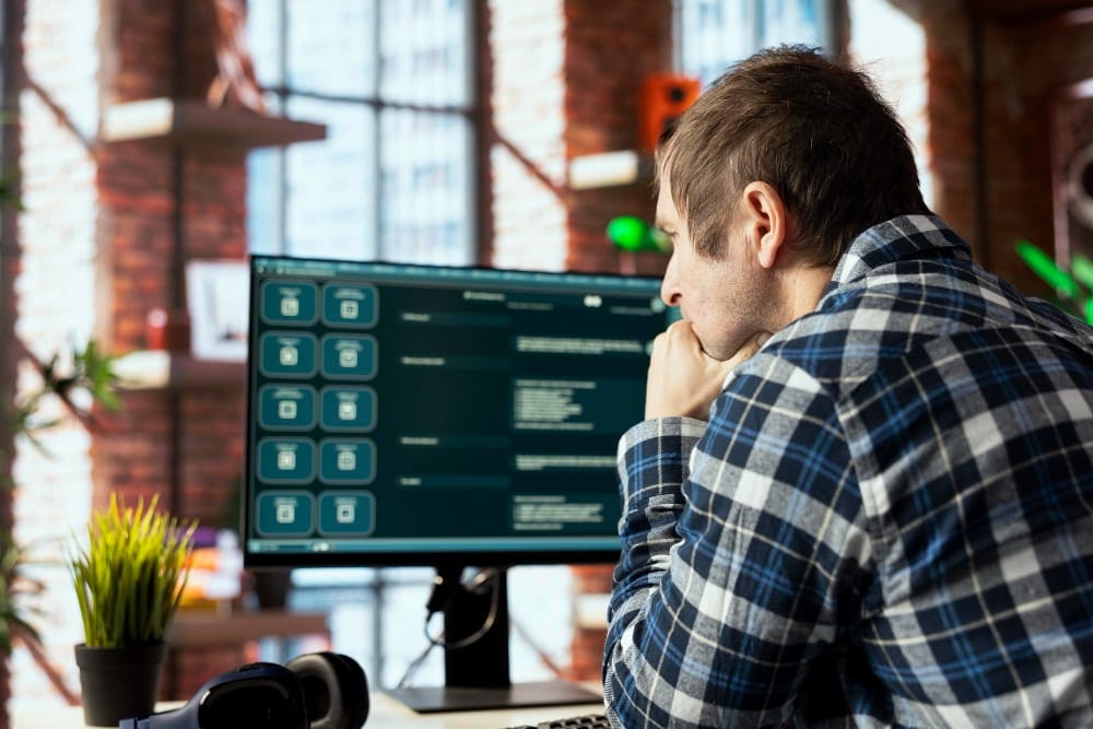 An employee working from apartment office seated at desk for normal operations because of a successful disaster recovery strategy.