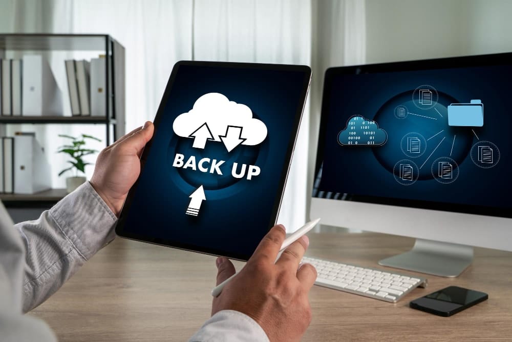 Cloud technology backup concept trying to avoid lost data within the business continuity recovery plan.