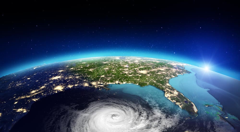 A view from space of a hurricane in the Gulf of Mexico, a cloud disaster recovery solution is in full effect.