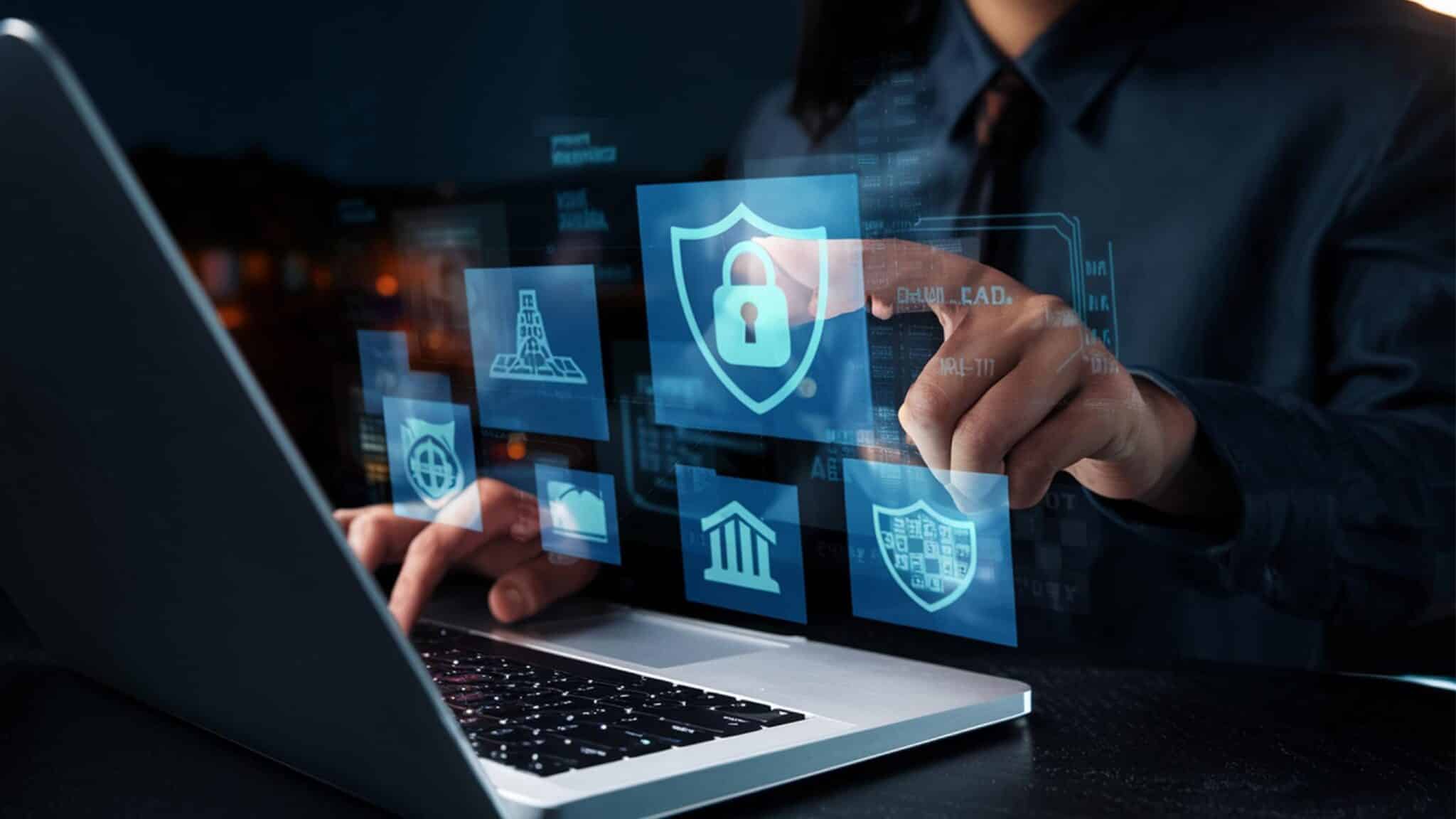 Person interacting with floating security icons, illustrating regulatory compliance and protection against cybersecurity threats.